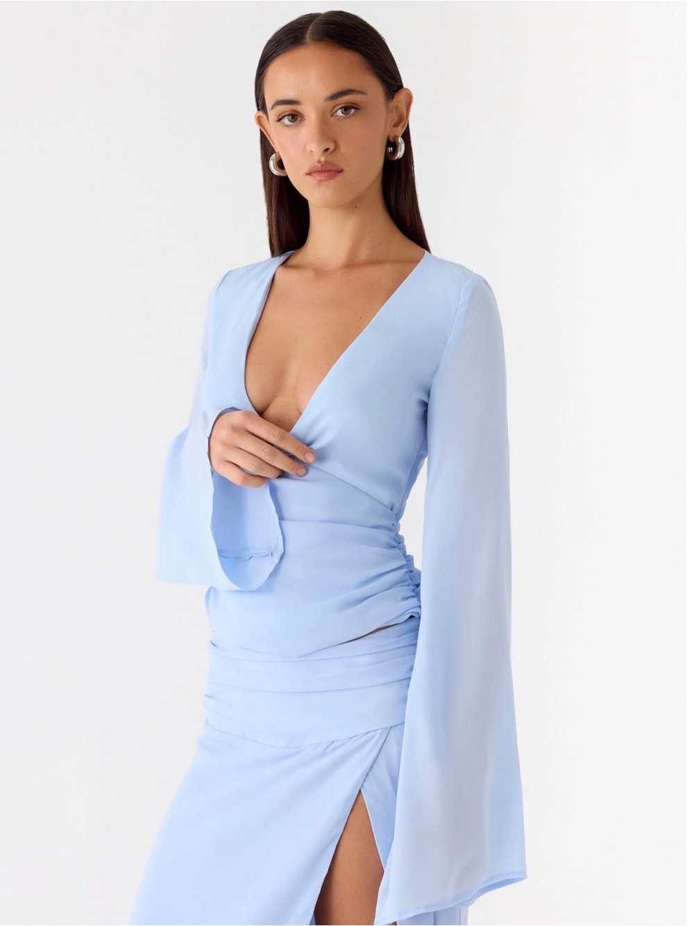 NWT Peppermayo Remee Top - Light Blue V-Neck Ruched Long-Sleeve Dress